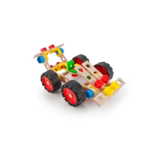 Colorful assembled toy race car from the Alexander Toys STEM Race Car Constructor Junior Set, featuring red wheels and various multicolored building pieces.