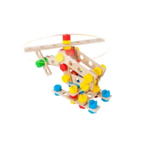 Colorful wooden toy helicopter construction set with bright plastic bolts