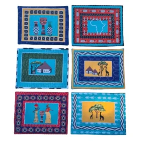 Set of six colorful African-themed placemats, each featuring unique designs, including traditional huts, animals, and cultural patterns, displayed in a grid layout.