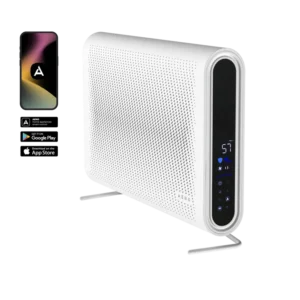 AP2S Air Purifier with smart controls and app integration displayed alongside smartphone app interface