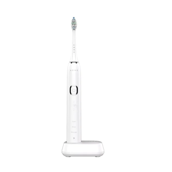 AENO Sonic Electric Toothbrush DB3 in white color, standing upright on its charging base. The toothbrush features a sleek, minimalist design with a single button and three brushing modes labeled on the handle.