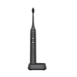 Alt Text: AENO Sonic Electric Toothbrush DB4 in black color, standing upright on its charging base with sleek design and modern features including a power button and multiple brushing modes.