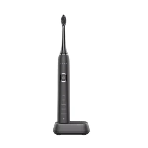 AENO Sonic Electric Toothbrush DB6 standing on its charging base with a black, sleek design.