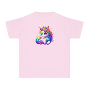 Kids Laying Down Unicorn Tee with Rainbow Mane and Tail, available in Pink, Black, and Turquoise for ages 2-14