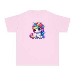 Kids Rainbow Unicorn with Flower Crown Tee in Pink and Black - 100% Cotton T-Shirt for Ages 2-14