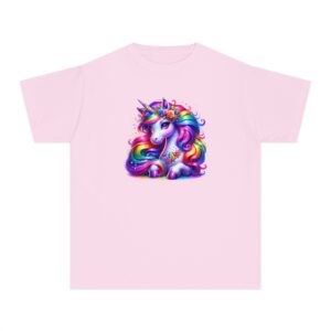 Kids' Rainbow Unicorn T-Shirt with Colorful Mane in Pink, Black, and Turquoise – Durable DTF Print – Available in Sizes 2-14