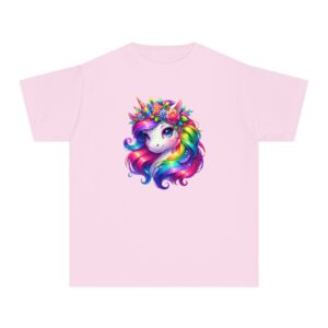 Kids Flower Crown Rainbow Unicorn Tee in Black with Rainbow Mane and Horn