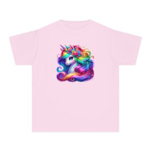 Kids Unicorn Bicorn Tee with Rainbow Mane and Floral Crown in Pink and Black, 100% Cotton, Ages 2-14