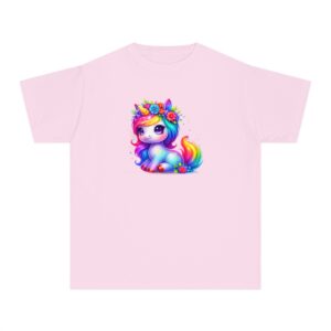 Kids Sitting Unicorn with Colourful Mane and Hooves Tee in black with vibrant DTF print featuring a rainbow unicorn and flower decorations.