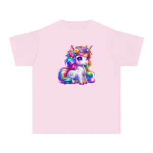 Kids sitting unicorn T-shirt with rainbow mane and flower body design in pink and black, 100% cotton for ages 2-14